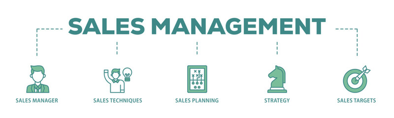 Sales management banner web icon illustration concept with icon of manager, sales techniques, planning, strategy, and targets icon live stroke and easy to edit 