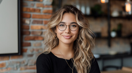 Obraz premium Chic Business Casual: Smiling Young Woman in Trendy Glasses