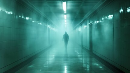 Fototapeta na wymiar Mysterious Figure Walking in a Foggy Underground Passage