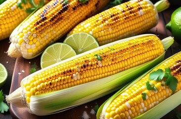 Grilled corn cobs with green lime and spices