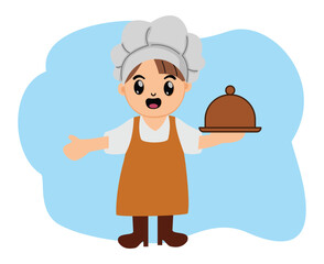 Cute cartoon woman chef holding food tray