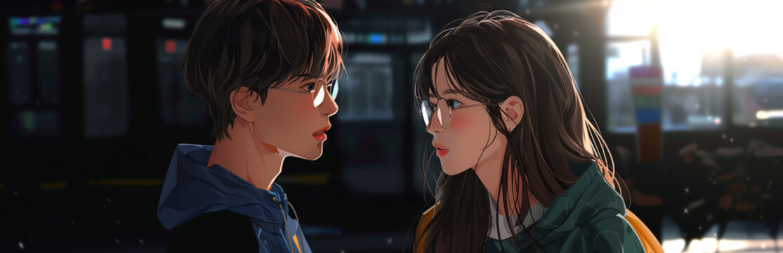 Anime style couple. Close but yet far away. dramatic scene.