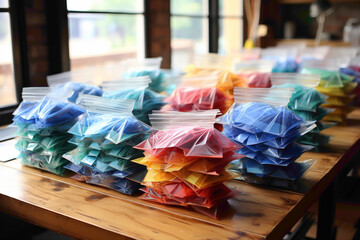 Everyday disposable dust masks arranged on a workshop table
