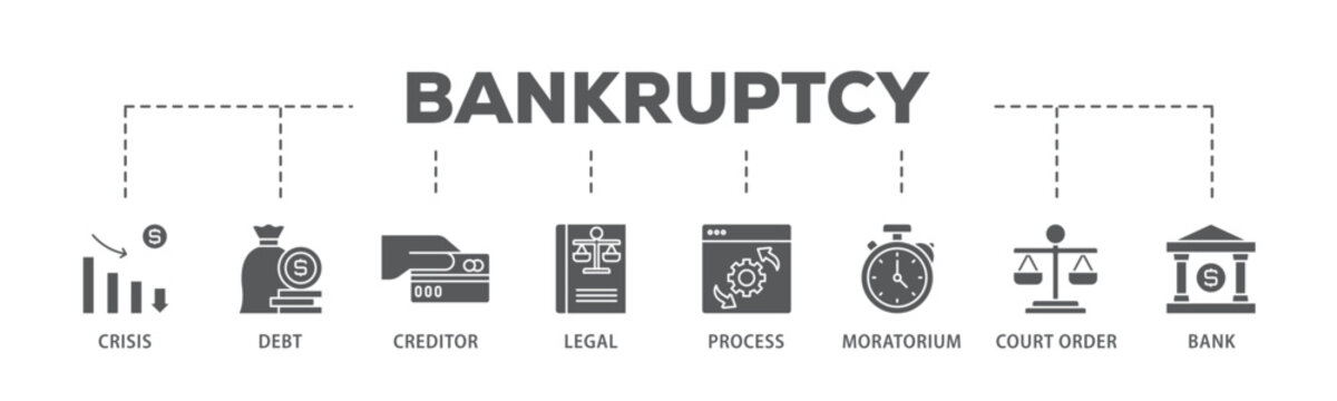 Bankruptcy banner web icon illustration concept with icon of bank ,court order, legal, moratorium, process, creditor, debt, crisis icon live stroke and easy to edit 
