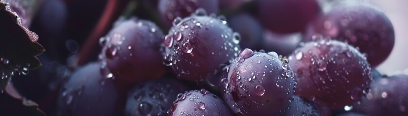 Close-up of a bunch of ripe grapes, glistening with dew drops against a soft-focused background, highlighting the freshness and natural beauty of vineyard produce. - obrazy, fototapety, plakaty