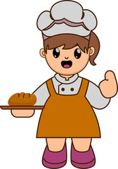 Cute cartoon kid girl chef holding bakery tray