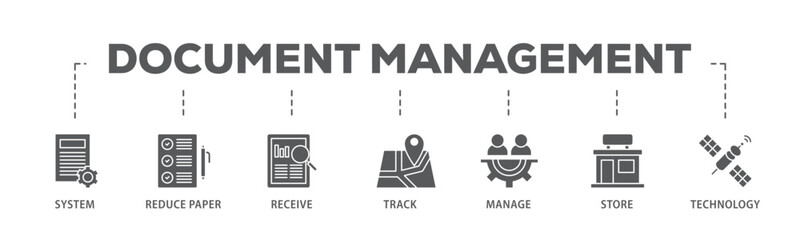 Document management banner web icon illustration concept with icon of system, reduce paper, receive, track, manage, store, cloud and technology icon live stroke and easy to edit 