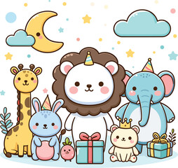 Naklejka premium cute funny animal cartoon vector on white background 