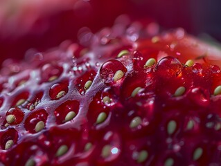 A macro shot reveals the exquisite detail of a strawberry's surface, bedecked with dewdrops that catch the light, creating a dazzling display of natural splendor.