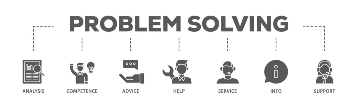 Problem solving banner web icon illustration concept with icon of analysis, critical thinking, creativity, emotional intelligence, research, team building  icon live stroke and easy to edit 