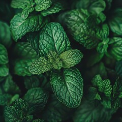 A close-up photo of fresh mint leaves captures their lush texture and vivid green color. The natural sheen and delicate water droplets enhance their freshness and vitality.