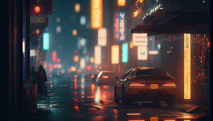Obraz premium Cyberpunk background blurred city scene in matrix. AI render