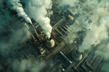 Aerial view of a Nuclear Plant with smoking chimneys