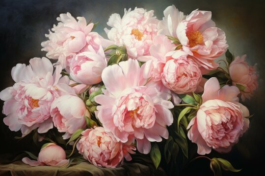 Oil painting peonies. Composition bouquet spring blossom flowers. Generate ai