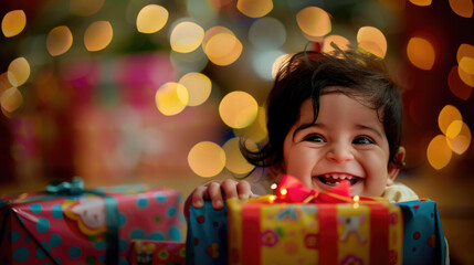 Fototapeta na wymiar baby is happy open gifts