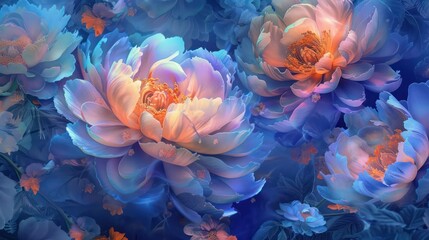 Light indigo and light amber hues intertwine gracefully in the backdrop adorned with colorful flowers.