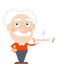 Elderly man holding a pizza box and pizza slice with the option to add a personalized pizza brand name on the box.