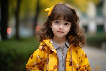 portrait of a little girl in a yellow raincoat in the park