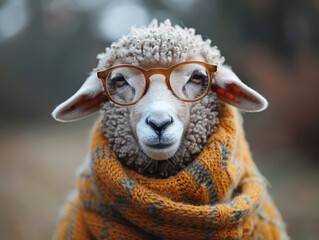 Obraz premium Stylish Sheep in Glasses and Knitted Scarf