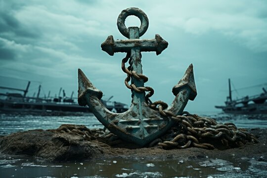Rusty Old ship anchor on blue marine background. Nautical boat equipment for water navigation. Generate ai - Powered by Adobe