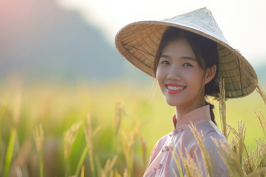 beautiful asian girl farmer woman at rice fields
