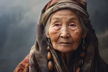 Fotobehang Aging Old chinese woman sunset. Soft asian beauty. Generate Ai © juliars