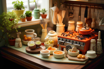 A close-up of the miniature kitchen inside the 3D home toy, showcasing tiny pots, pans, and utensils neatly arranged on miniature countertops, emphasizing the attention to detail.