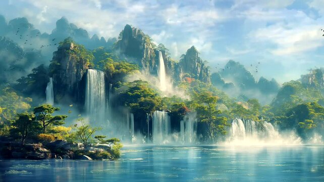 Waterfall in the mountains. Seamless looping time-lapse 4k video animation background