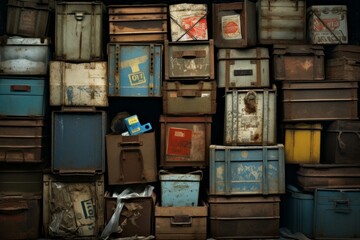 Dilapidated Old dirty boxes. Cargo carton storage. Generate Ai - obrazy, fototapety, plakaty