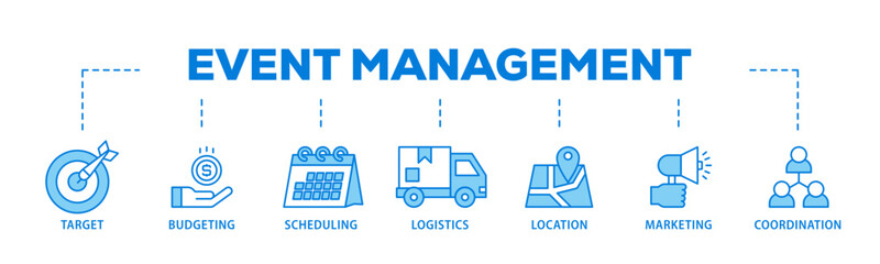 Event management banner web icon illustration concept with icon of target, budgeting, scheduling, logistics, location, marketing, and coordination icon live stroke and easy to edit 