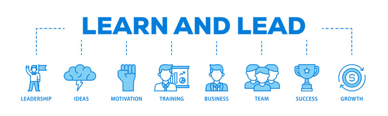 Learn and lead banner web icon illustration concept with icon of leadership, ideas, motivation, training, business, team, success, and growth icon live stroke and easy to edit 
