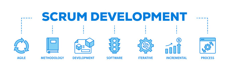 Scrum development banner web icon illustration concept with icon of agile, methodology, development, software, iterative, incremental and process icon live stroke and easy to edit 