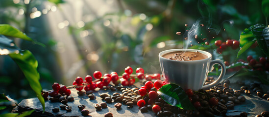 cup coffee with coffee beans plantation background