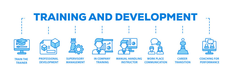Training banner web icon illustration concept with icon of coaching, teaching, knowledge, development, learning, experience, and skills icon live stroke and easy to edit 
