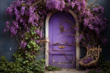 Enchanting Purple fairy door flowers. Castle house. Generate Ai