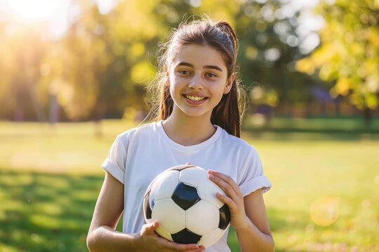 Cheerful Young Girl Holding a Soccer Ball in Sunny Park