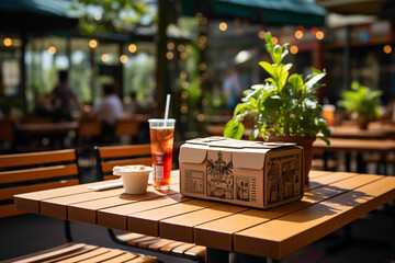 A recyclable cardboard beverage carton with a straw on a cafe table