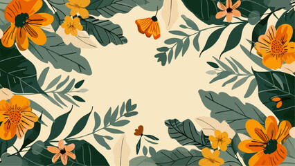 border background with flower and leaves on beige background. social media template wallpaper for spring.
