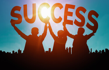 Achievement and Business Goal Success Concept - Creative business people with icon graphic...