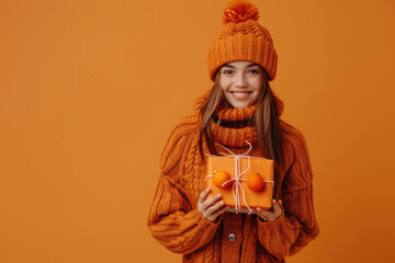 happy young girl in sweater and a knitted hat holding a gift box on orange background