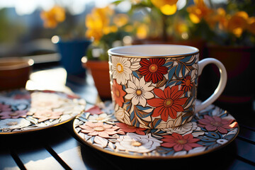 An intricately designed disposable paper coaster with floral patterns on a dining table - obrazy, fototapety, plakaty