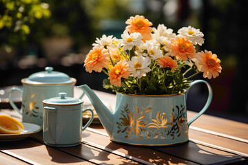 A lovable mini disposable watering can with a charming flower motif on a garden table - obrazy, fototapety, plakaty