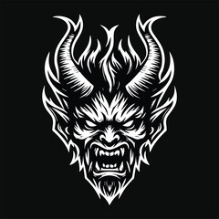 Dark Art Angry Demon Head Black and White Illustration