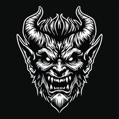 Obraz premium Dark Art Angry Demon Head Black and White Illustration
