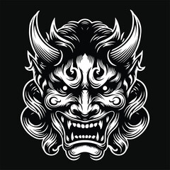 Fototapeta premium Dark Art Scary Japanese Hannya Mask Black and White Illustration