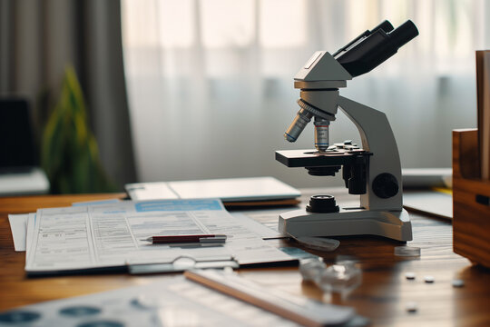 Closeup of science microscope in lab, work documents and visa at work desk. data analysis