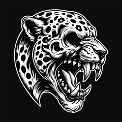 Fototapeta premium Dark Art Angry Skull Beast Leopard Head Black and White Illustration