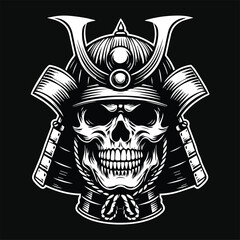Dark Art Skull Samurai Japanese Head Black and White Illustration