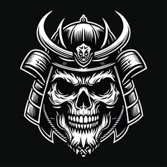 Dark Art Skull Samurai Japanese Head Black and White Illustration