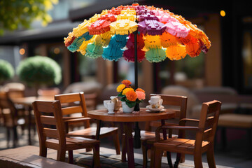 An adorable miniature umbrella made of colorful disposable materials placed on a cafe table - obrazy, fototapety, plakaty